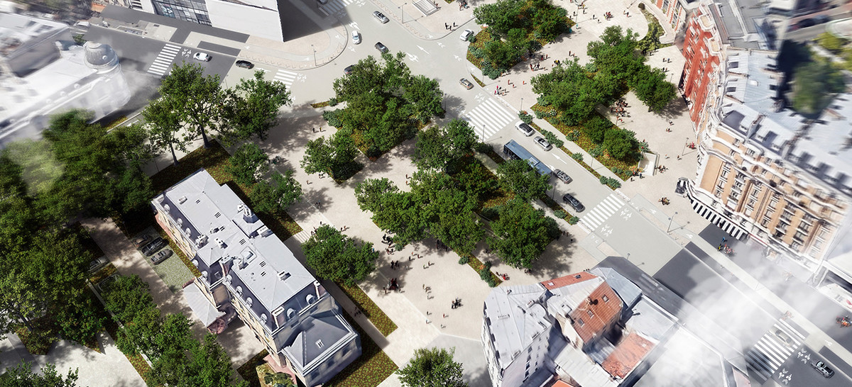 Perspective montrant la mairie de Saint-Ouen et tout son futur environnement : arbres, nouvelles pistes cyclables... 