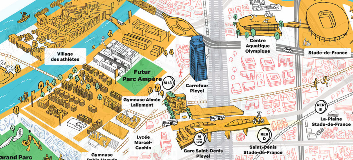 Cartographie illustrée montrant le quartier Pleyel entouré par la Seine, l’autoroute A86 et le faisceau ferré. On y voit le nouveau franchissement Pleyel, des bâtiments, des espaces verts, la tour Pleyel, une péniche qui navigue… 